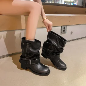 Women’s Chelsea Boots Winter Midi Height Low Heel Breathable Thermal Leather Black Brown Waterproof