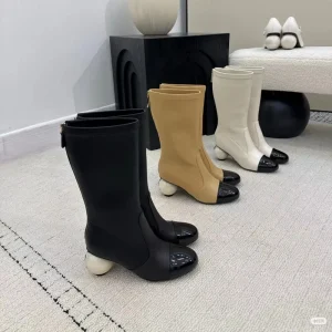 Women’s Chic Mid Calf Leather Boots Breathable Zip Back Design Contrast Toe Heel Black Beige White Fall Winter Autumn Summer