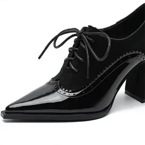 Women’s Chunky Block Heel Pumps Shoes Pointed Toe Brogue Lace High Heels Spring New British Style Comfortable Dress Shoes