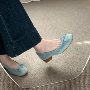 Women’s Chunky Heel Flats Blue French Style with Bowknot