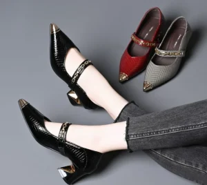 Women’s Chunky Heel Loafer Pumps Korean Style Pointed Toe Metal Decor Casual Shoes