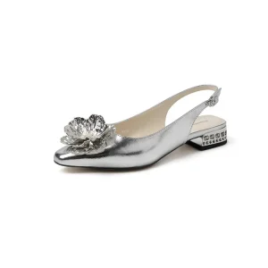 Women’s Chunky Heel Sandals Sexy One Strap Pointed Toe Genuine Leather Flower Decoration Roman Sandals