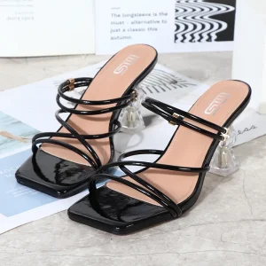 Women’s Chunky High Heels Sandals Girl Square Open Toe Slip On Cross Strap Sandals Summer Dressy Wedding Pumps Shoes for Lady