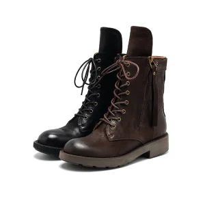 Women’s Classic Black Distressed Suede Lace-Up Calf Boots with Genuine Leather Lining Breathable Comfort Autumn Snow Boot