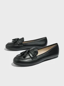 Women’s Classic Black Tassel Loafers Comfortable PU Leather Flat Slip-On Shoes for Office & Daily Wear