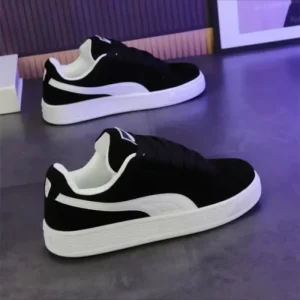 Womens Classic Casual Sneakers Black and White Lace-Up Skate Shoes with Thick Rubber Sole for Everyday Fashion Wear