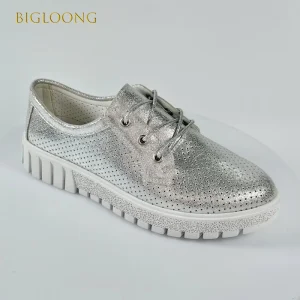 Women’s Classic Casual Sports Shoes Comfortable Walking Silver Leather Shock Absorbing Non-slip for Autumn & Spring Seasons