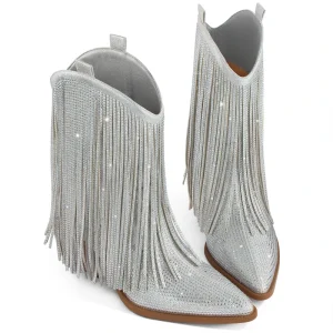 Women’s Classic Cowgirl Western Boot Rhinestone Sparkly Fringe Pointed Toe Chunky Heel Pull On Ankle Boots For Women
