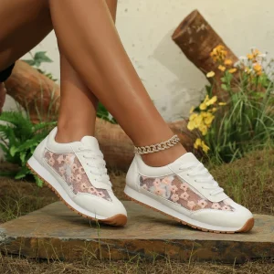 Women’s Classic Lace Flower Hollow Lace Up Casual Sneakers Soft and Comfortable Walking Style Shoes