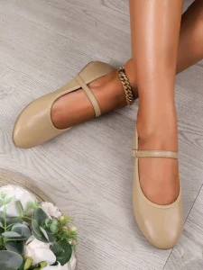 Women’s Classic Nude Mary Jane Flat Shoes Adjustable Buckle Strap Soft Leather Comfortable Daily Wear Ballet Flats