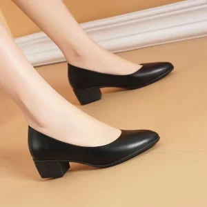 Women’s Classic Round Toe Block Heel Pumps Professional Office & Daily Wear Leather Dress Shoes