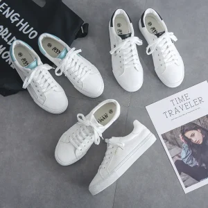 Women’s Classic White PU Sneakers Lace Up Flat Casual Shoes Non-slip Walking Shoes for Daily Outdoor Travel