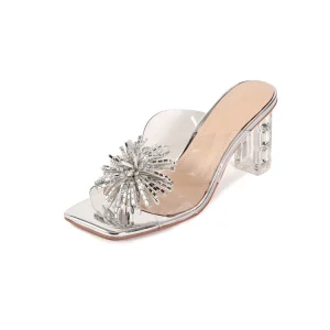 Women’s Clear Block Heel Mules Square Toe Rhinestone Firework Decor Slide Sandals for Party