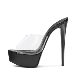 Women’s Clear PVC Platform Mule Heels Transparent Wide Strap Ultra High Stiletto Slip On Sandals