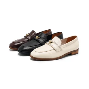 Women’s Closed Toe Comfortable Lightweight Woven Trim Metal Buckle Flats with Rubber Outsole and Fashion Design