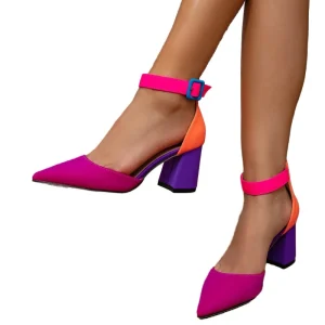 Women’s Color Block Adjustable Ankle Buckle Strap Pointed Toe High Heel Sandals for Shopping