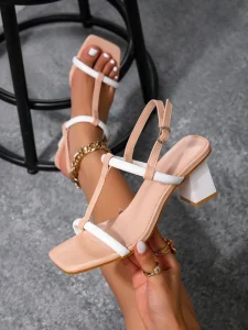 Women’s Color Block T Strap Heeled Sandals Square Toe Chunky Block Heels Elegant Casual Dress Shoes for Daily Party Use