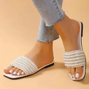 Women’s Colorful Rhinestone Pearl Embellished Anti Slip Open Toe Low Heel Sandals Plus Size Hawaiian Style Beach