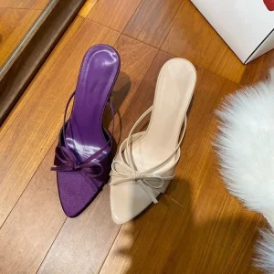 Women’s Comfort Bow Mules Soft Insole Pointed Toe Stiletto Heels Backless Daily Shoes