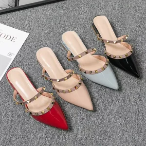Women’s Comfort Low Heel Mules Non Slip Casual Dress Shoes for Ladies Work Walking Soft Sole Studded Flats