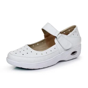 Women’s Comfortable Anti-Slip Nursing Shoes White Full Grain Leather Hospital Work Nurse Safety Shoes