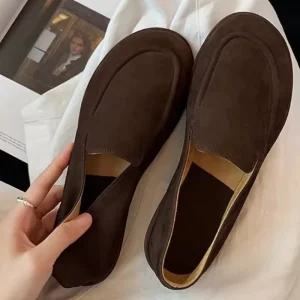 Women’s Comfortable Anti-Slip Solid Suede Flat Loafers Casual Soft Sheepskin Lining Leisure Living Room Shoes