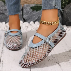 Women’s Comfortable Boat Shoes Closed Toe Fishnet Design Plus Size Soft Sole Breathable Mesh Flats Summer Hollow out Mary Jane