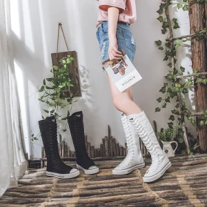 Women’s Comfortable Canvas Sneakers High Top White Flats Lace-Up Zipper Long Platform Boots for Summer Spring