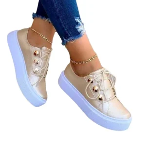Women’s Comfortable Casual Lace Up Sneakers Thick Soled Flat Walking Shoes Lightweight and Suitable for Daily Use