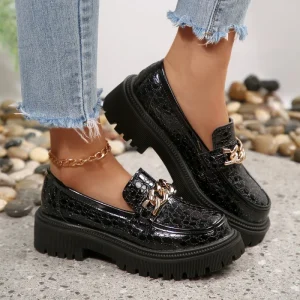 Women’s Comfortable Flat Loafers, Fall Casual PU Upper Mary Jane Mules, Glossy Slip-On Lace-Up, Light Club Style
