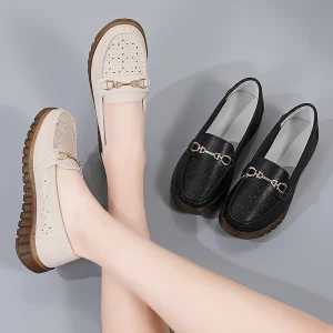 Women’s Comfortable Flat Loafers Microfiber Leather Shoes Summer Large Size Breathable Hollow Non-Slip Design EVA Insole ODM