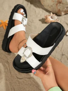 Women’s Comfortable Flexible Platform Slide Sandals Metal Decor Open Toe Flatform Slippers Summer Outdoor Beach Shoes