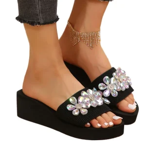 Women’s Comfortable Flip-Flop Sandals Rhinestone Decorated PU Upper Soft Rubber Sole Peep Toe Autumn Spring Summer