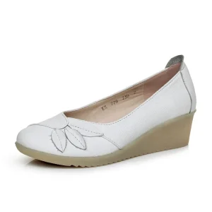Women’s Comfortable Genuine Leather Full Grain Nursing Shoes Anti-Slip 4CM Heel Hospital Work Nurses Summer