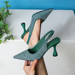 Women’s Comfortable Green Studded Slingback Heels Pointed Toe Chunky Heel Pumps Summer Daily Wear Dress Shoes