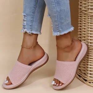 Women’s Comfortable High Heel Mesh Flat Bottom Mule Slide for Slippers Large Size Indoor Home PVC Soft Insole Anti-Slippery