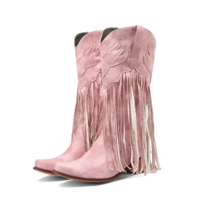 Women’s Comfortable PU Faux Suede Western Cowboy Boots Slip-On Pointed Toe Embroidered High Heel Autumn Winter Tassel Boots