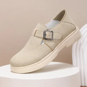Women’s Comfortable PU Mules with Thick Sole and Buckle Strap Flat Daily Walking Footwear for Spring Closed Toe Design