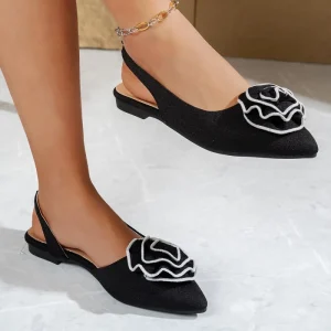Women’s Comfortable Slingback Flats Fashionable Pointed Toe 3D Ruffled Flower Shoes for Office & Party