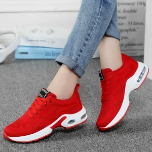 Women’s Comfortable Sneakers Air Cushion Thick Soles Red Lace-up Casual Running Shoes Tennis Shoes