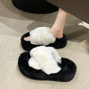 Women’s Comfy Cross Fur Slippers Memory Foam Indoor Outdoor PVC EVA Winter House Elevator Shoes Fluffy