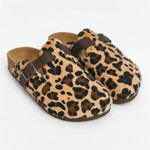 Women’s Cork Foot Bed Leopard Print Clogs with Arch Support Slip on Shoes with Detailed Metal Buckle Strap Home Slippers