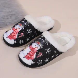 Women’s Cotton Christmas Elk Gingerbread Festival Slippers Anti Slip Plush Flat Casual Home Slippers for Summer