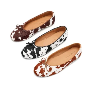 Women’s Cow Print Bow Ballet Flats Light Weight Soft Spring Autumn Summer Genuine Leather