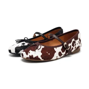 Women’s Cow Print Hair Mary Jane Ballet Flats Buckle Strap Casual Shoes