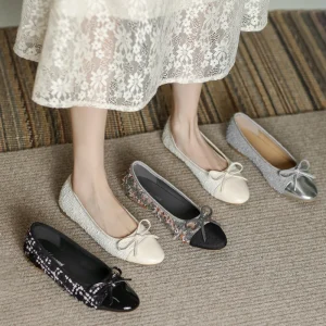 Women’s Cowhide Loafers Single Ballet Shoe Flat Sweet Toe Soft Sole Soft Lambskin Breathable Slip On Butterfly Knot Splicing