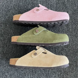 Women’s Cowhide Suede Leather Mule Clog Shoes Anti slip Wood EVA Sole Comfortable Semi drag Buckle Platform Design