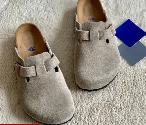 Women’s Cowhide Suede Leather Mule Clog Shoes Platform Cork Sole Closed Toe Buckle Breathable Anti-slippery