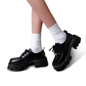 Women’s Cowhide Walking Shoes Lace up Sports Sneakers Flat Elevated Sole Non-Slip Rubber Outsole EVA Midsole Chunky Heel Casual