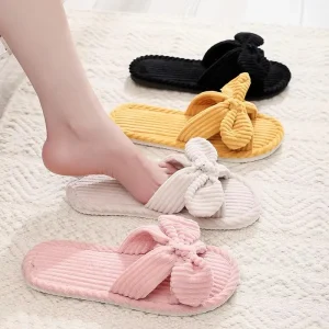 Women’s Cozy House Slippers Ladies Open Toe Home Bedroom Bed Slippers Corduroy Bow Slide